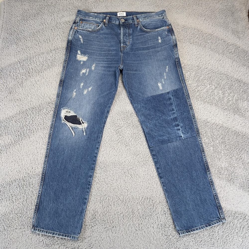 Hudson Dixon Easy Straight Jeans Mens 34x30 Blue Distressed Patchwork Grunge